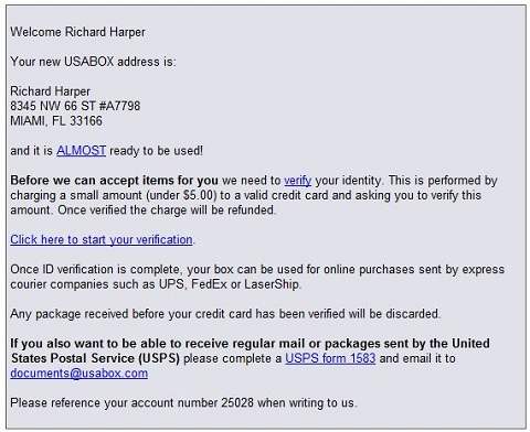 USAbox address confirmation Email