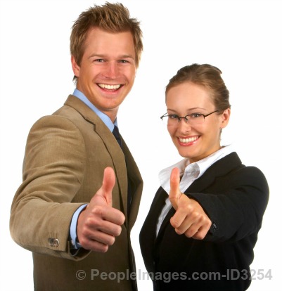 Happy man and woman with thumbs up