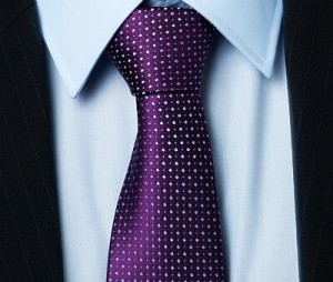 Purple Tie with white dots blue shirt and suit