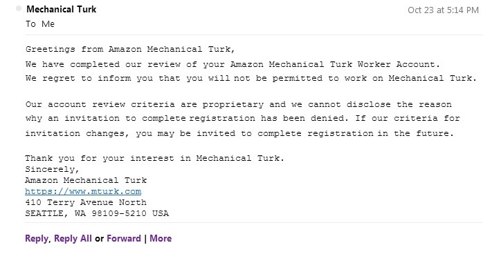 Application decline reply form Mechanical Turk